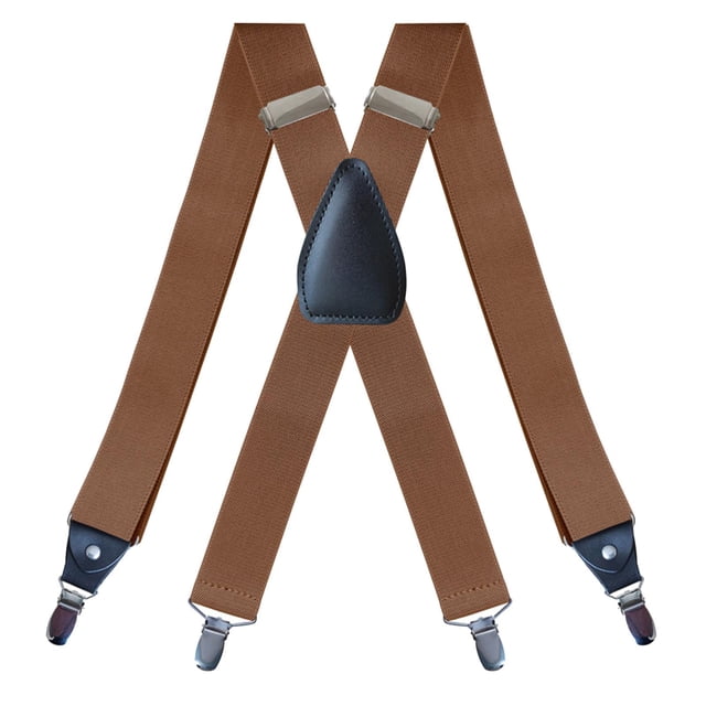 Men's Suspenders Elastic Straps Solid Heavy Duty 4 Clips Adjustable Camel