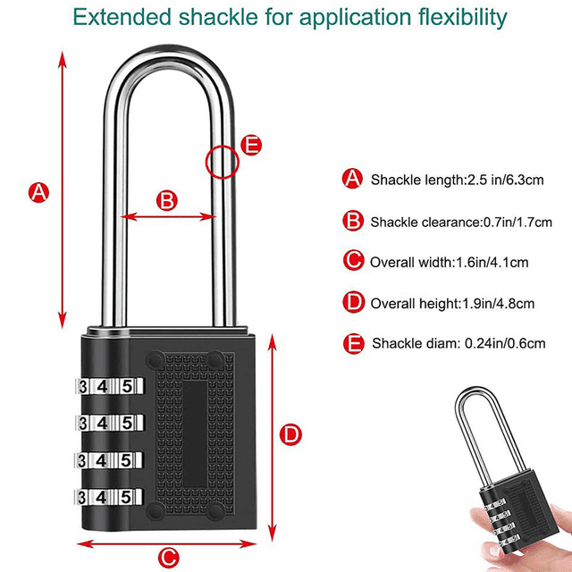 Lot de 4 Cadenas Combinés d'Extérieur à Longue Manille, Manille 6,5 cm, Étanche, Cadenas Combiné Réinitialisable à 4 Chiffres