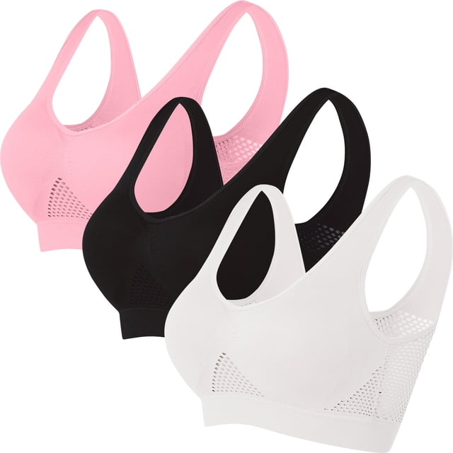 Pisexur 3PC Sports Bras for Women, breathable and wireless with full coverage, designed for high-impact activities. Includes pink, black, and white solid color bras with mesh accents, ideal for activewear and everyday use. Available in plus sizes S-5XL.