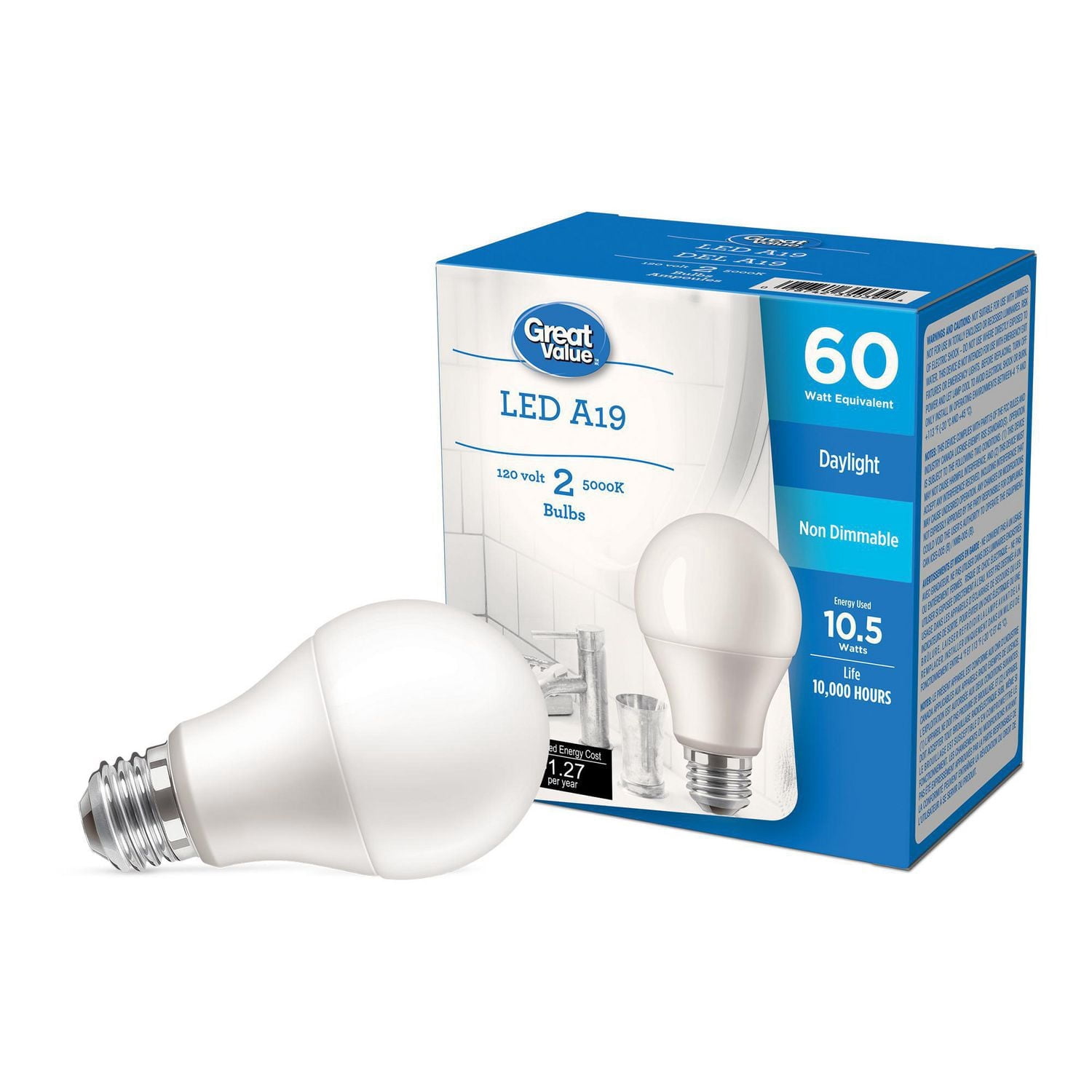 Ampoules DEL Great<br>Value A19 60 W lumière<br>du jour, paq. de 2