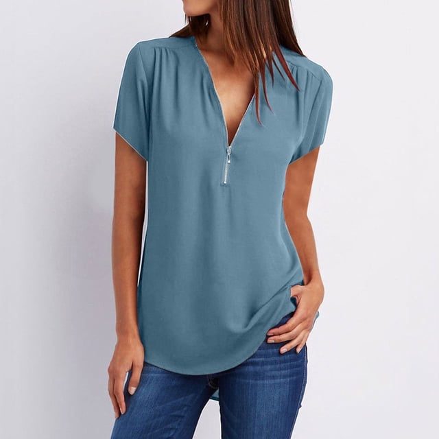 Mefallenssiah Débardeur Court Femme Été Manches Courtes Fermeture à Glissière Tunique Décontractée Col en V Blouse Roulable