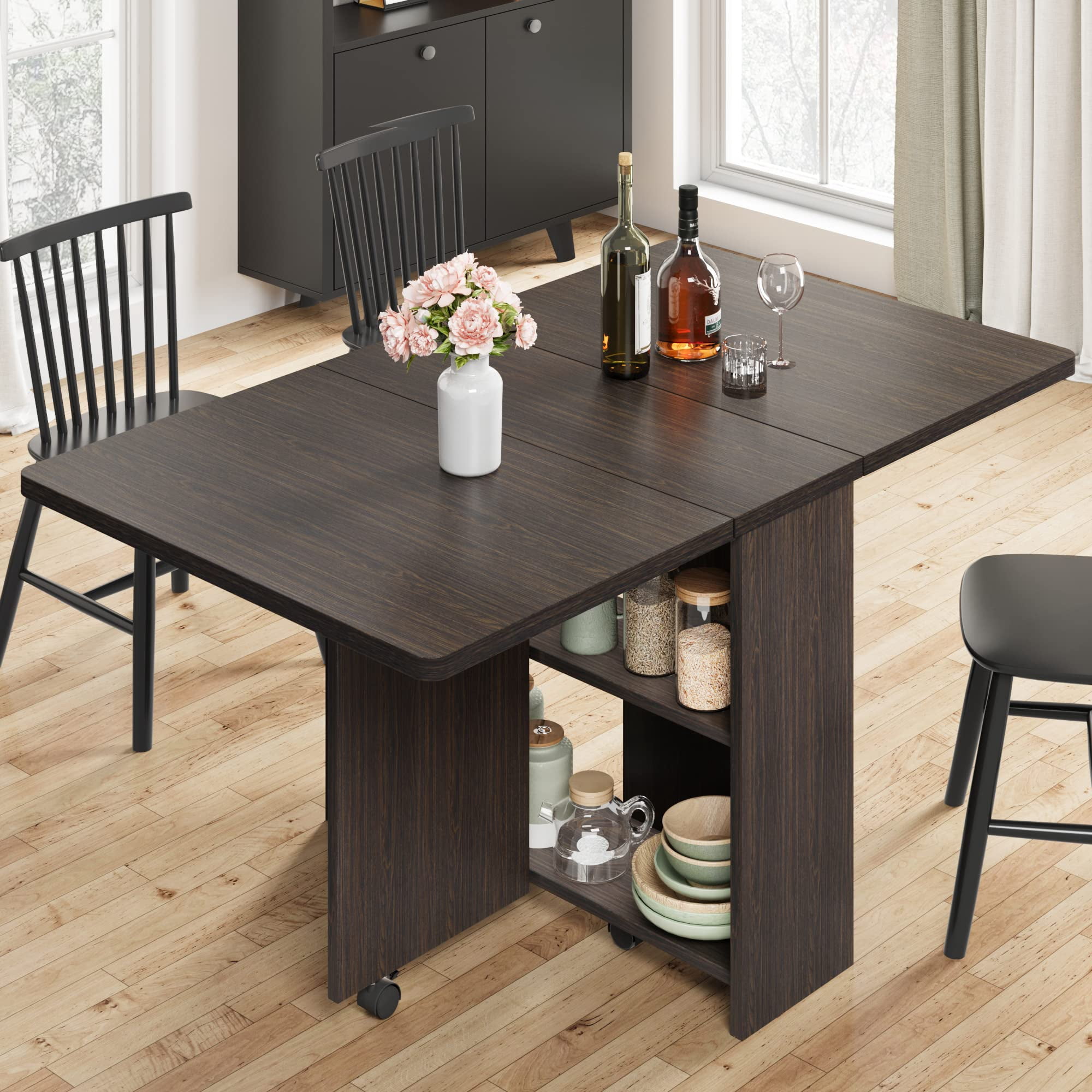 Folding Dining Table with 2 Tier Storage, Extendable Kitchen Table, Drop Leaf Table, Rectangle Dining Room Tables Set for 4, Space Saving Collapsible Expandable Dinner Kitchen Office Furniture