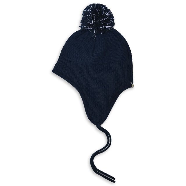 Navy blue children's knit earflap hat with pom-pom on top and chin ties for warmth