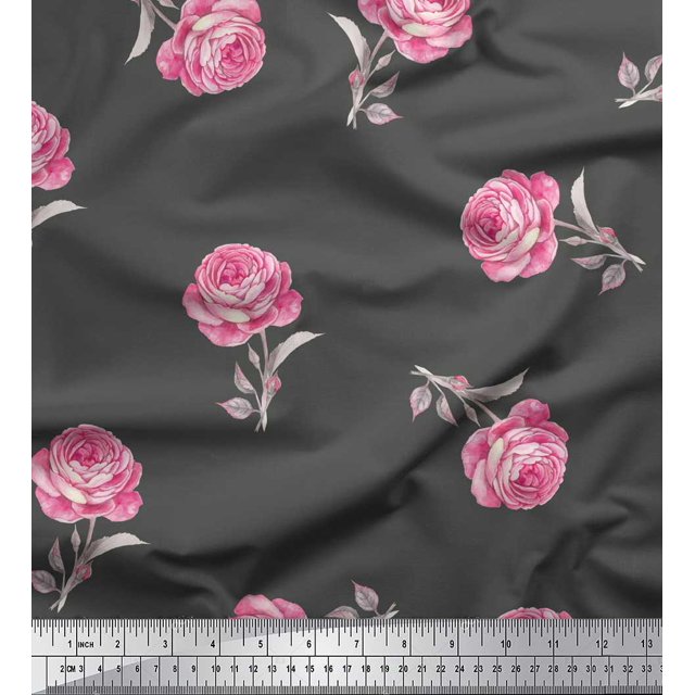 Soimoi Gray Cotton Jersey Fabric Grandiflora Roses Floral Print Fabric by Yard 58 Inch Wide