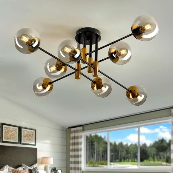 Lustre Moderne Mi-Siècle à 8 Lumières, Montage Affleurant Noir et Or avec Globes en Verre à Bulles