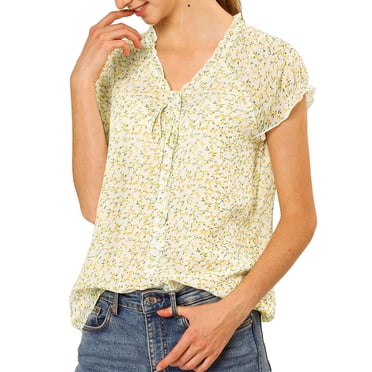 INSPIRE CHIC Blouse Fleurie pour Femme à Manches Courtes Cap, en Chiffon, Décontractée, à Volants, Hauts S Blanc Jaune