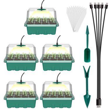 AMERTEER Ensemble de 5 Plateaux de Démarrage de Semis Kit de Démarrage de Semis avec Lumière de Croissance Mini Plateaux de Semis avec Dômes Ventilés pour l'Humidité Kit de Germination en Serre Réutilisable pour le Démarrage de la Croissance des Semences