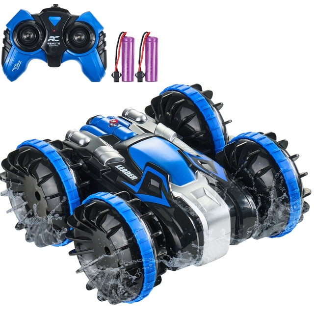 VEVOR Amphibious Remote Control Car Boat in blue, featuring a 4WD design with large, rugged wheels and a durable ABS body. The RC car is shown splashing water, highlighting its waterproof capability for land and water use. Includes a 2.4 GHz remote control and two rechargeable batteries for extended playtime. Designed for stunts like 180° flips and 360° spins, with a speed of up to 12 km/h. Accessories such as a USB charging cable and screwdriver are also visible.