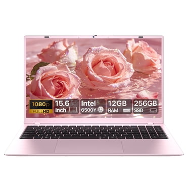 RNRUO Ordinateur Portable 15,6 Pouces, Intel 6500Y 12 Go RAM 256 Go ROM, Windows 11 Office 2024 Type-C PD 1080p Affichage Double Sortie 4K Pavé Numérique Portable pour Affaires Travail Études, Rose