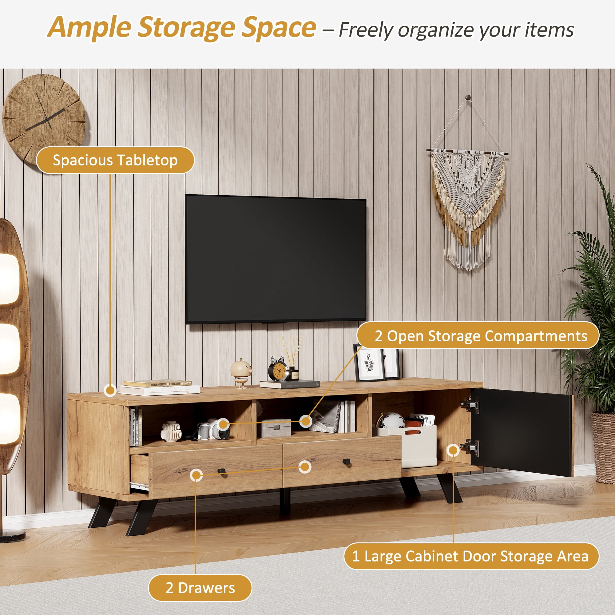 Noble House 59" TV Stand,Open Shelving Wood-Grain Finish Media Console for 65" TV,Natural