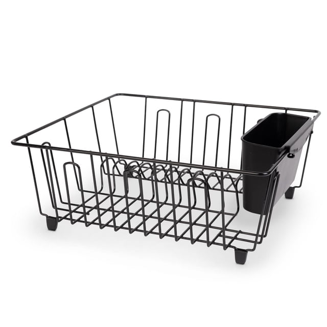 Mainstays Small Chrome Wire Dish Rack - White with black wire frame and plastic cutlery cup with protective feet, designed for kitchen organization and utensil storage on counters, ideal for small kitchens and apartments.