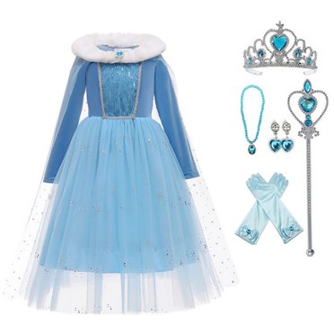 HAWEE Filles Princess Costume Fête d'Anniversaire Hiver Fantaisie Velours Col en Fausse Fourrure Bleu Déguisement (Manches Longues)