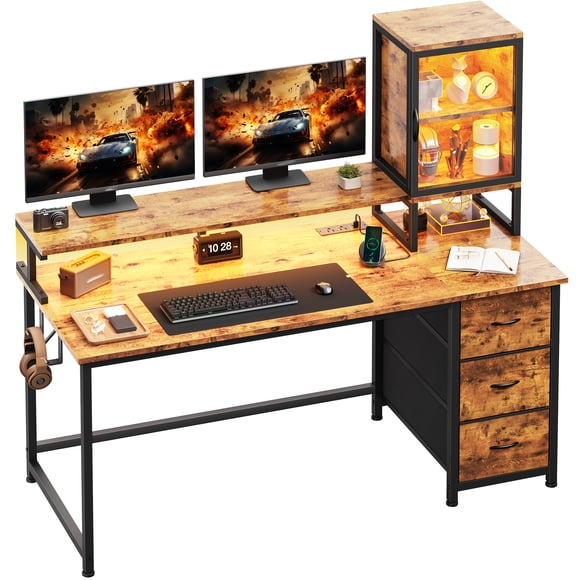 Exenoray Computer Desk with Drawers & Shelves, Home Office Desk with LED Lights and Power Outlet, 19.7" W x 47.3" D x 52.6" H Desk with Monitor Stand, Rustic Brown