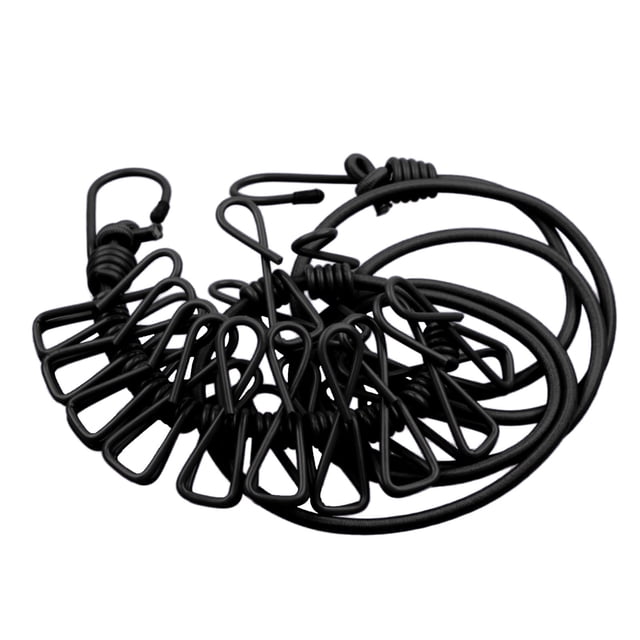 WHEANG Fixing Clip Portable Outdoor Clothesline with 12 Clothespins Beach Windproof Clothes Rack Super Elastic Clothesline One Size Black