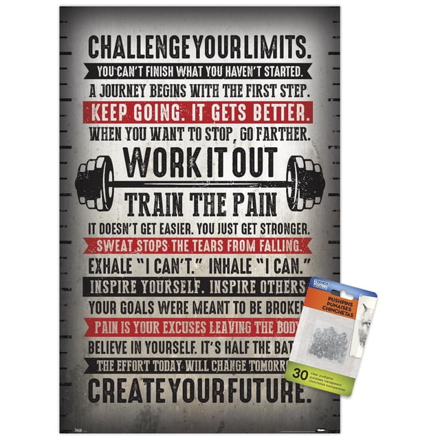 Affiche Murale Défiez Vos Limites, 14,725 Po x 22,375 Po, art Mural Motivationnel de Mise en Forme avec Texte Audacieux Noir et Rouge sur Fond beige Vieilli, Présentant un Graphique de Barre, Idéal pour la Déco de la Maison, le Bureau Ou les Espaces de gym.