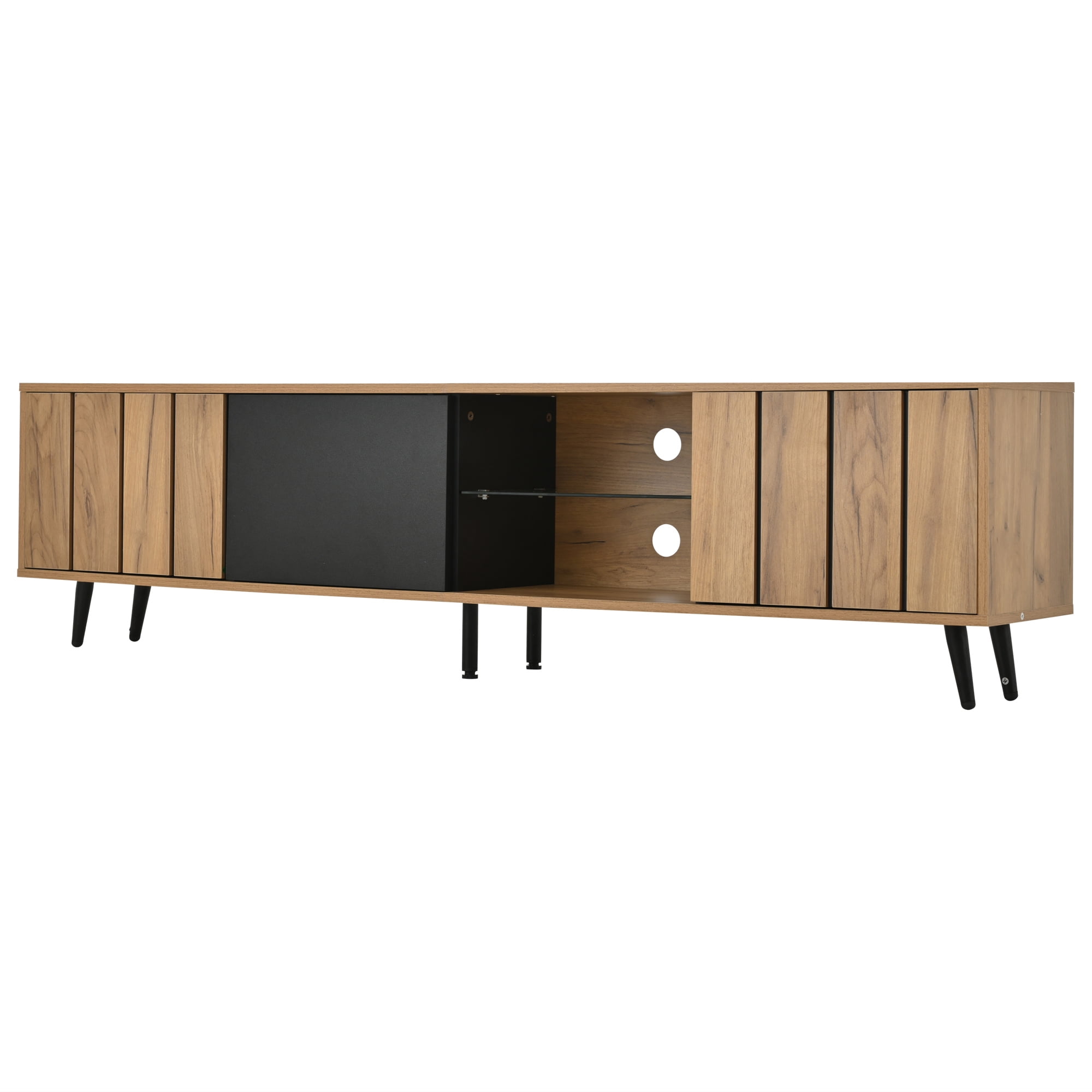 Homy Casa 65" TV Stand, Modern Media Console with Doors, Tempered Glass Shelf, Cable Holes, Natural Wood Black
