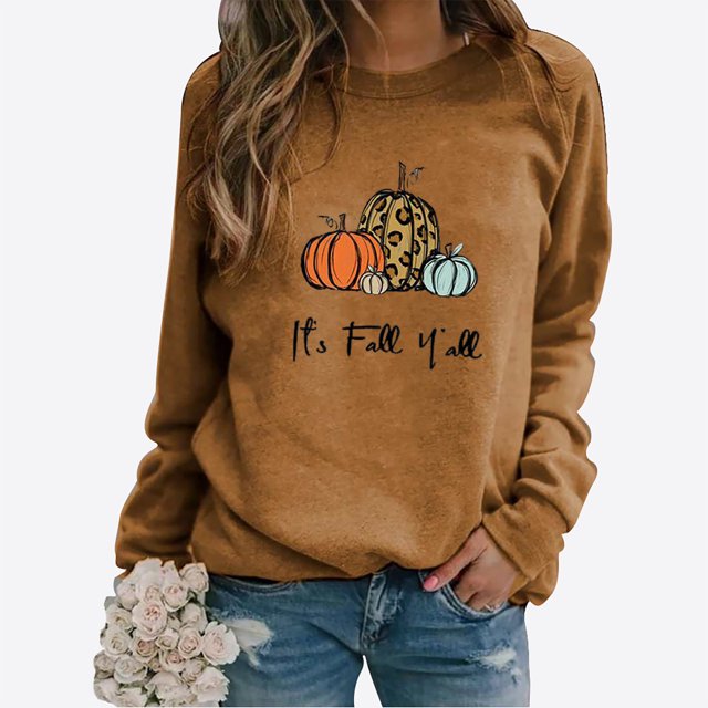 DPTALR Femmes Confortable Décontracté Courge à Lettres Imprimées Chandail à Col Rond Manches Longues T-Shirt Blouse Hauts