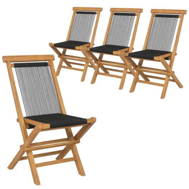 Gymax 4PCS Folding Chairs with a quick-folding portable design, featuring a natural teak wood frame and black woven rope seat and backrest. These chairs have a high backrest, ergonomic angle, and stable X-shaped structure for enhanced comfort and stability. Suitable for outdoor use on porches, patios, or during camping trips. Dimensions: 24'' x 18'' x 35'' (L x W x H).