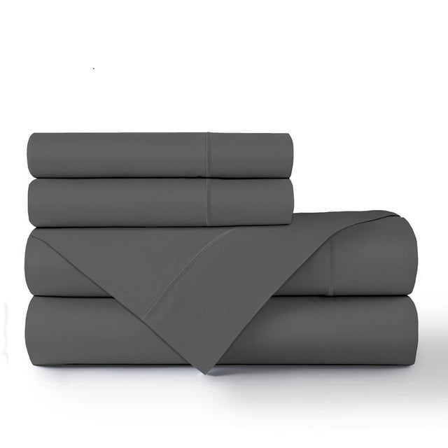 Johnson Home 300 Thread Count Combed Egyptian Cotton Sheet Sets in dark grey, neatly folded with a flat sheet partially unfolded, featuring breathable, soft, and durable fabric designed for year-round comfort and a luxurious sleep experience.