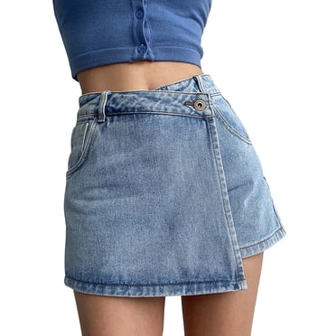 Jupe-short en Denim à Taille Haute pour Femme - Délavé Clair, Faux Deux Pièces, Polyester, Été Décontracté/plage