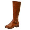 thumbnail image 4 of Dakaela Women's Knee High Boots Low Chunky Motorcycle Riding Boot Leather Buckle Winter Work Boots, 4 of 5