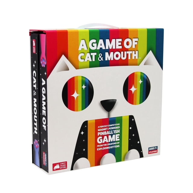 A Game of Cat and Mouth board game box featuring a white cat face with rainbow-striped eyes and mouth on a rainbow-striped background, describing a magnet-powered pinballish game by Exploding Kittens for ages 7 and up, ideal for fast-paced two-player gameplay and portable setup.