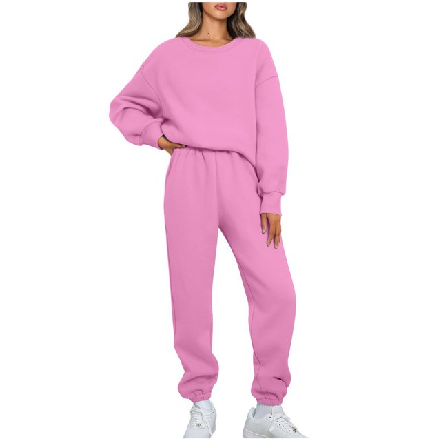Pisexur Ensemble Pantalon 2 Pcs Mode Décontractée Ensemble de Survêtement Uni pour Femmes Chandails à Manches Longues à Col Rond Hauts à Enfiler Pantalons Longs Élastiques Survêtements Ensembles de Détente P-3TG