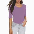 thumbnail image 2 of AherBiu T-Shirts pour Femmes Couleur Unie Manches 1/2 Col Rond Été Ajusté Extensible Confortable Basique, 2 of 6