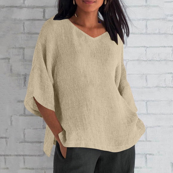 Sijiajgjfu Hauts à Manches 3/4 pour Femmes Grande Taille Décontractés Couleur Unie Col en V T-Shirts d'Été Amples Tendance Chandail à Fente Latérale