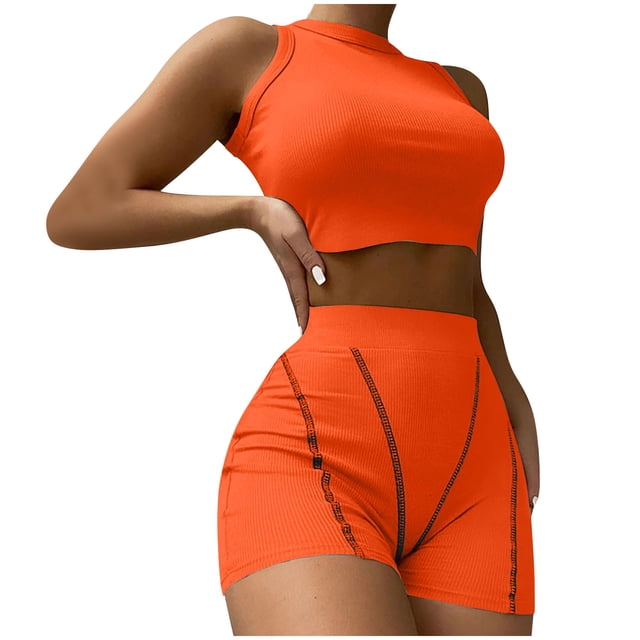 Workout Outfits for Women 2 Piece Ribbed High Waist Biker Shorts with Tank Crop Tops Exercise Set Yoga Outfit Tracksuits