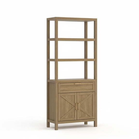 Farmhouse Style Office Bookshelf - 71" Tall, 5-Tier Wooden Bookcase with 2-Door Cabinet & Drawer - Ample Storage for Living Room, Bedroom, Home Office, Walnut