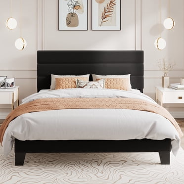 Amolife Queen Bed Frame, Platform Bed Frame with Velvet Upholstered Headboard, Black