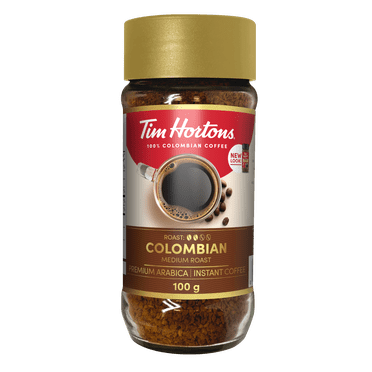 Pot de 100 g de café instantané Tim Hortons de torréfaction moyenne, fait de grains colombiens 100 % arabica