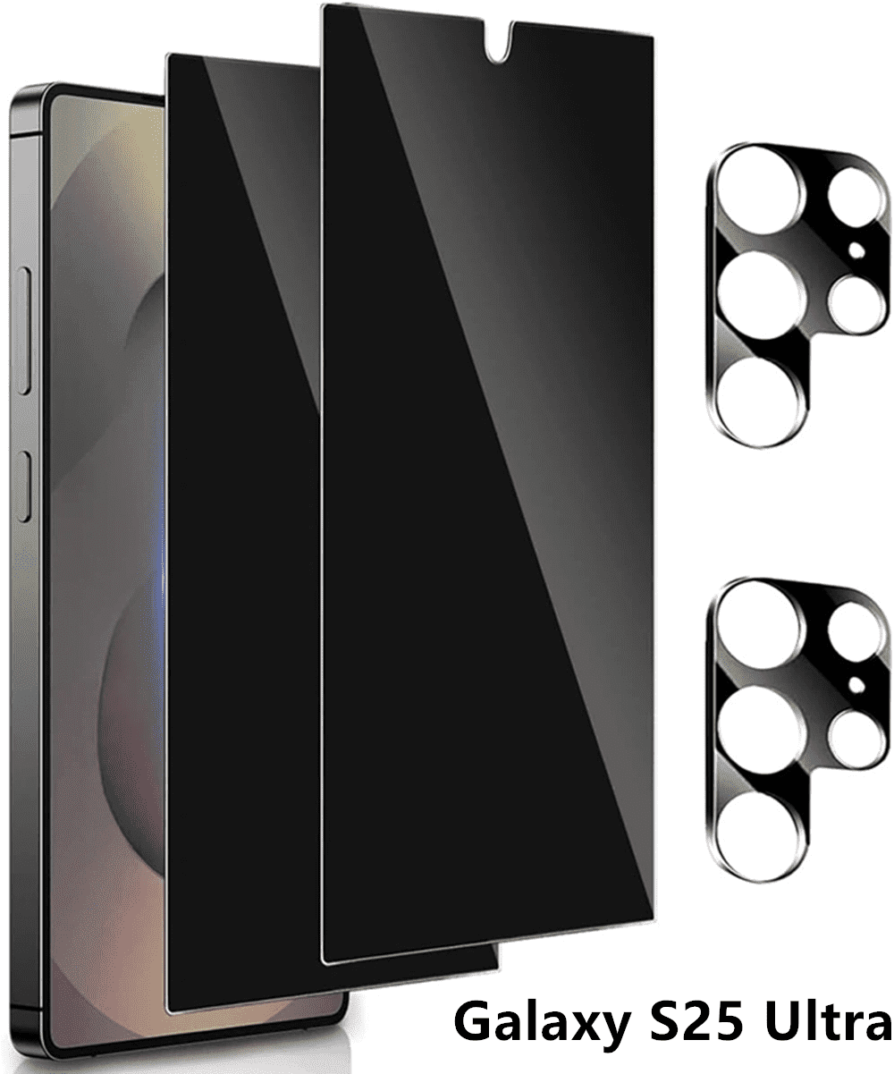 Compatible for Samsung Galaxy S25 Ultra Privacy Screen Protector and Camera Lens Protector Support Fingerprint Unlock 9H Tempered Glass Black Anti-spy Screen Protector Film 2+2 Pack
