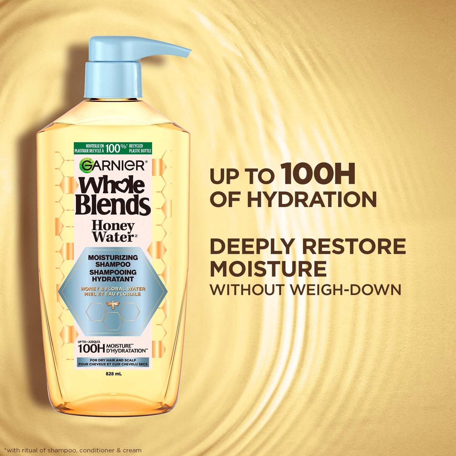 Garnier Whole Blends Honey Water Shampooing Hydratant, pour Cheveux et Cuir Chevelu Secs