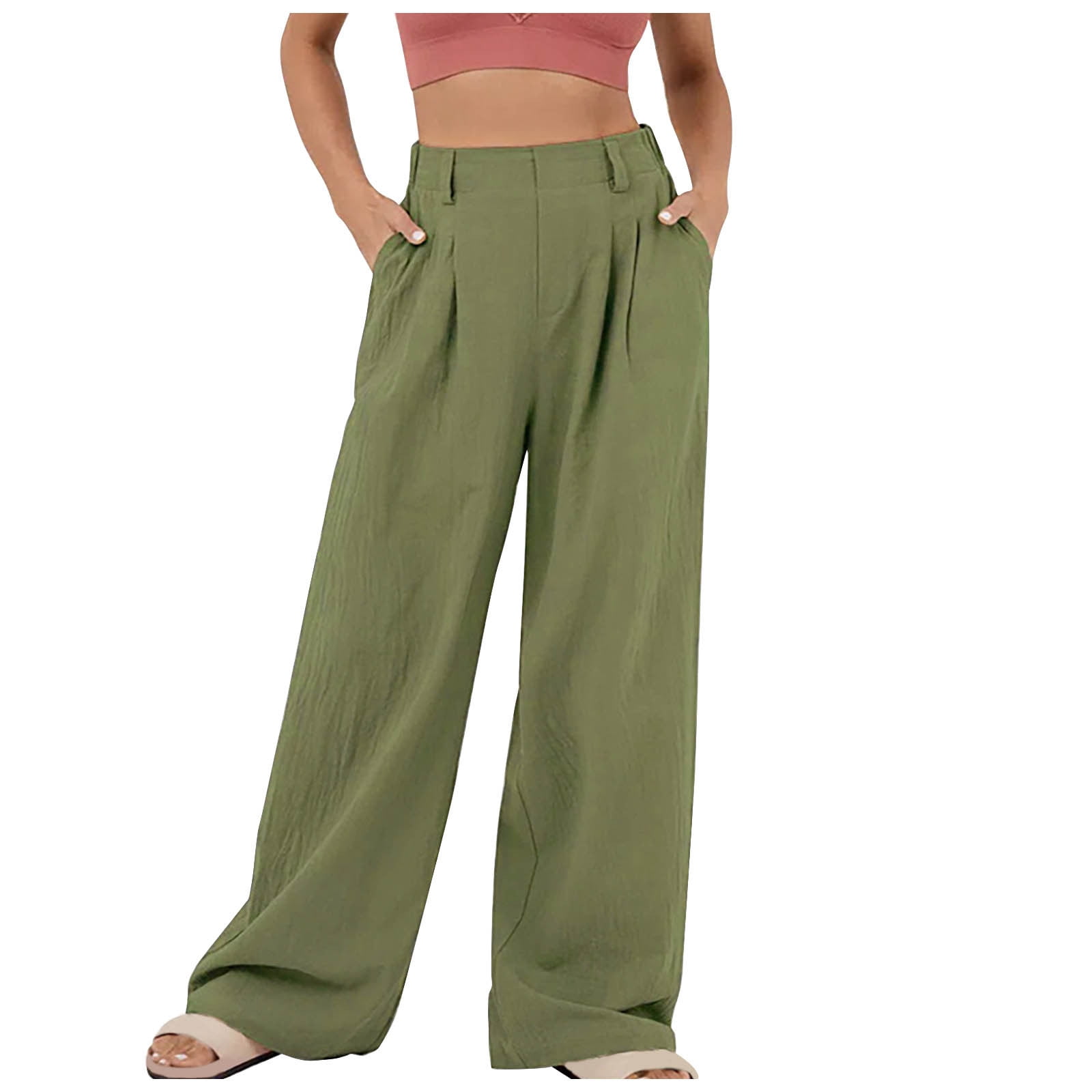 AherBiu Pantalon Droit Taille Haute pour Femmes, Coton Lin, Large