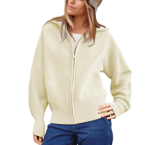 Women's Zip Up Cardigan Soft Knit Sweater Coat with Navy Collar Casual Long Sleeve Outerwear Comfortable Loose Fit Fall Winter Tops Womens Sweaters Fall Cardigan Sweater Cardigan Womens Open