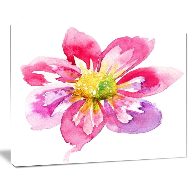 Design Art Full Bloom Pink Flower Canvas Print depicting a watercolor pink and purple flower with a yellow-green center, printed on gallery wrapped cotton canvas over a 1-inch wood frame, ready to hang wall art ideal for home or office décor.