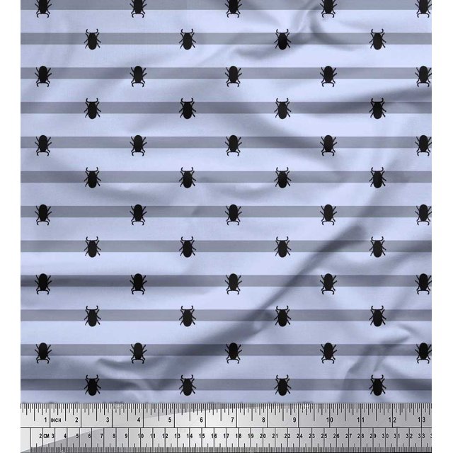 Soimoi Blue Rayon Fabric Stripe & Beetles Insects Print Fabric by Yard 56 Inch Wide