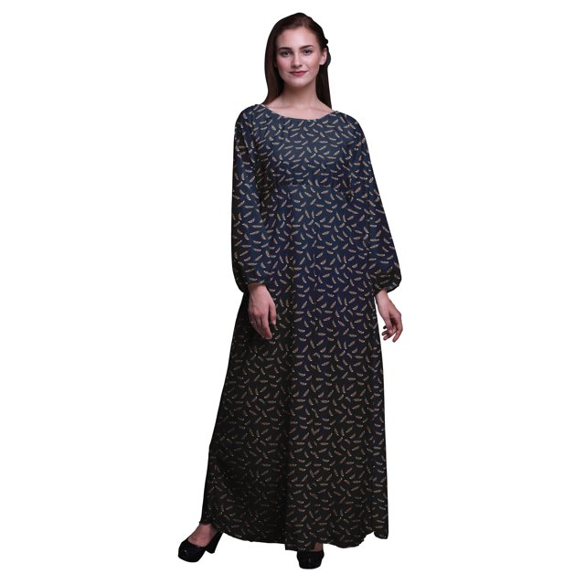 Bimba Robe Maxi à Manches Longues pour Femmes en Georgette Mousse Imprimée de Plumes d'Aigle, Taille Élastique - Xxx-Grand