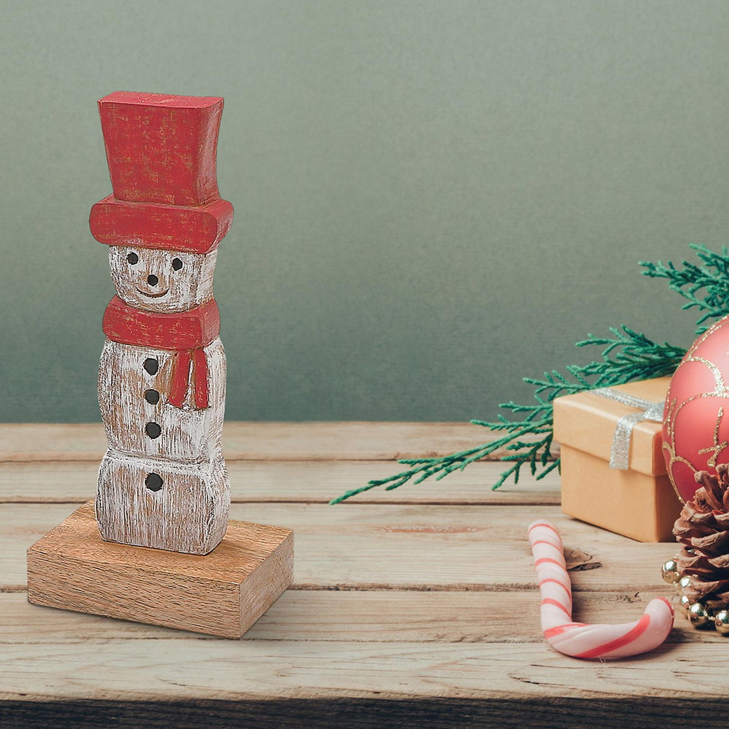 Christmas Mango Wood Snowman Avec Haut Chapeau Sur La Base