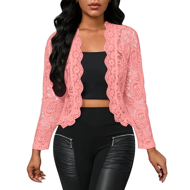 Pincandy Women's Sheer Lace Jacket Blazer Long Sleeve Open Front See Through Jackets