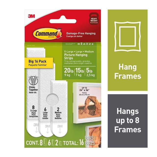 Command Picture Hanging Strips 17218-16EF big 16 pack with 8 extra-large, 6 large, and 2 medium pairs for damage-free hanging of picture frames up to 24 by 36 inches, supporting weights of 20 lb, 15 lb, and 5 lb, suitable for securely hanging up to 8 frames on various surfaces without nails or tools.