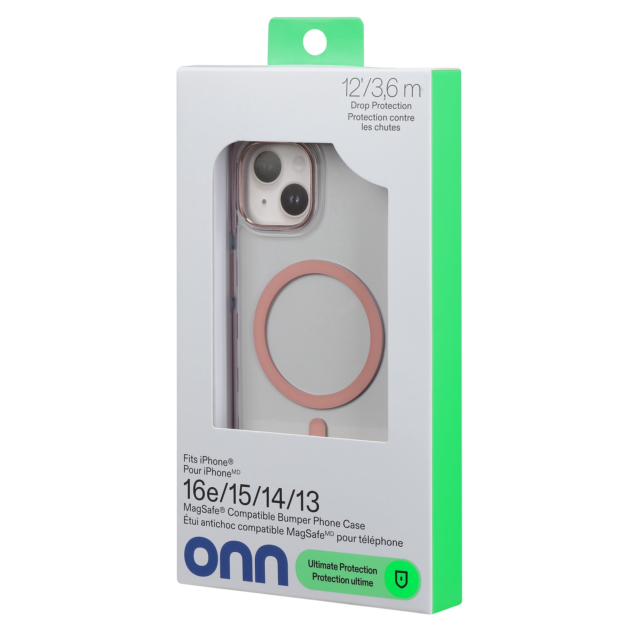 onn Magsafe Compatible Soft Shell Bumper Phone Case for Apple iPhone 16e/15/14/13, Clear & Pink