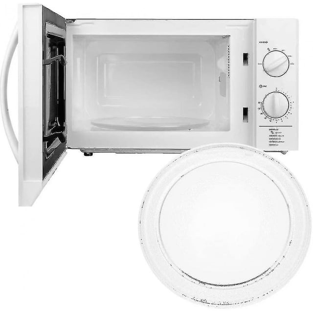 A microwave oven accessory featuring a durable, heat-resistant glass plate designed for home microwaves. The smooth surface ensures easy cleaning of stains, while the high-quality glass material provides long-lasting use. The image shows a white microwave with an open door and a round glass plate in the foreground.