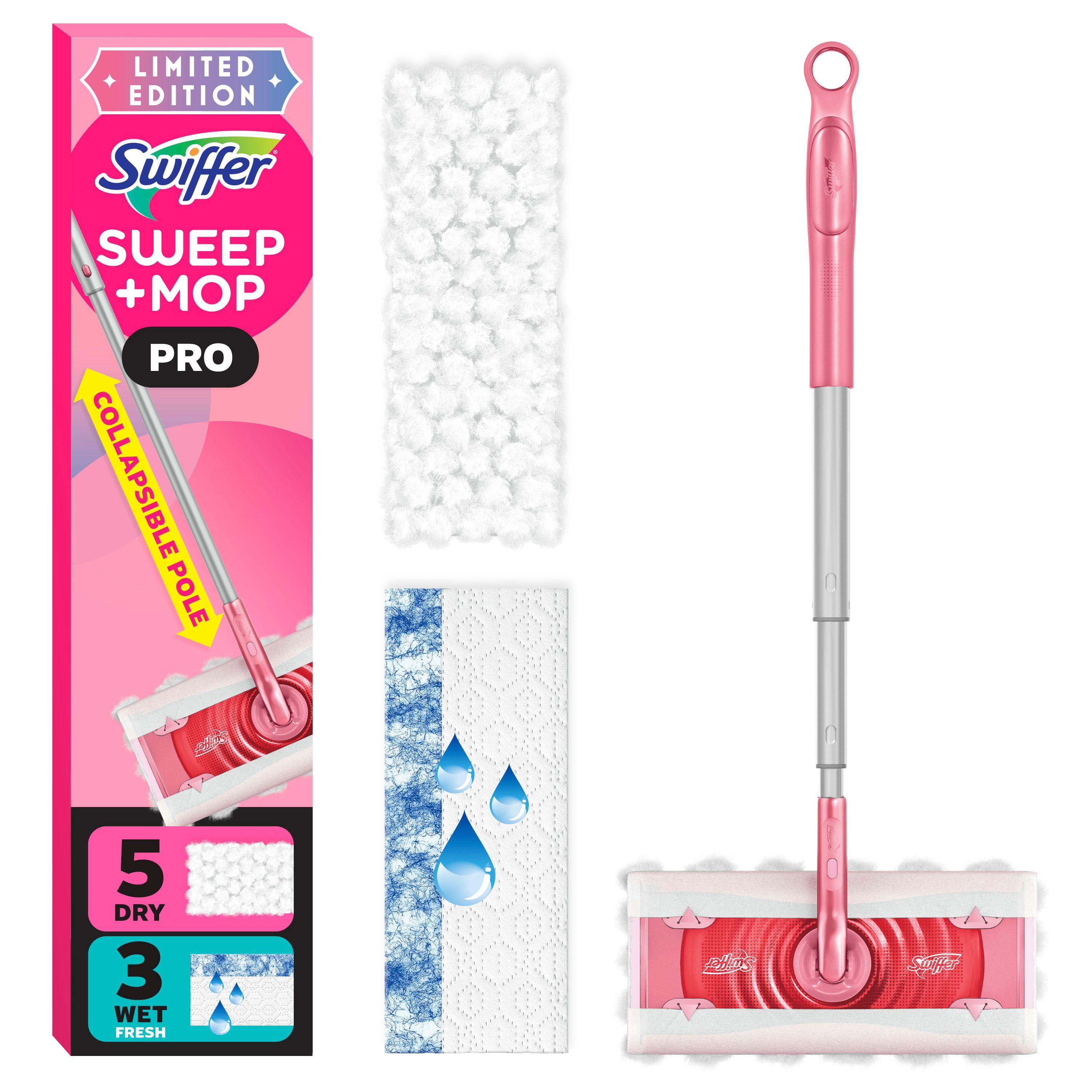 Swiffer Balayer et laver Pro, MÉCHANT SÉRIE Rose LIMITÉE, trousse pour balayage et de lavage 2 en 1 pour les planchers, trousse de nettoyage multi-surfaces, la trousse comprend 1 balai, 5 linges secs