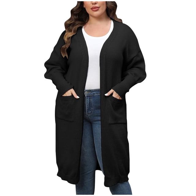 CEHVOM Women's Fashion Solid Color Plus-Size Loose MIDI Style Double Pockets Sweater Tops Clearance
