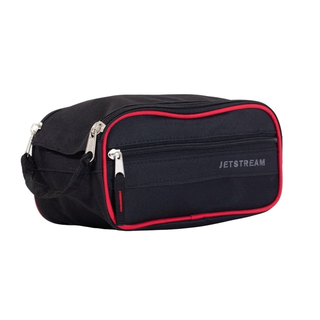 Jetstream Trousse de Toilette à Triple Compartiment en Noir avec Garniture Rouge, Présentant une Forme Rectangulaire avec Deux Compartiments Zippés, une Poche Zippée Extérieure avec la Marque Jetstream, une Poignée de Préhension et un Tissu Résistant à l'Eau, Convient pour Organiser les Articles de Toilette de Voyage et les Articles de Soins Personnels.