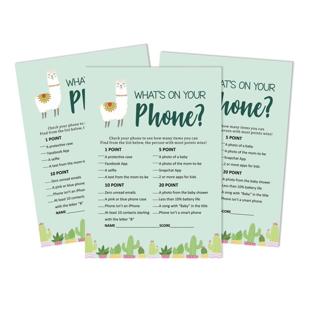Inkdotpot 50 Sheets What'sIn Your PhoneBaby Shower GameCards Llama Gender Neutral Activity CardsPartyIdea Baby Shower Party Supply