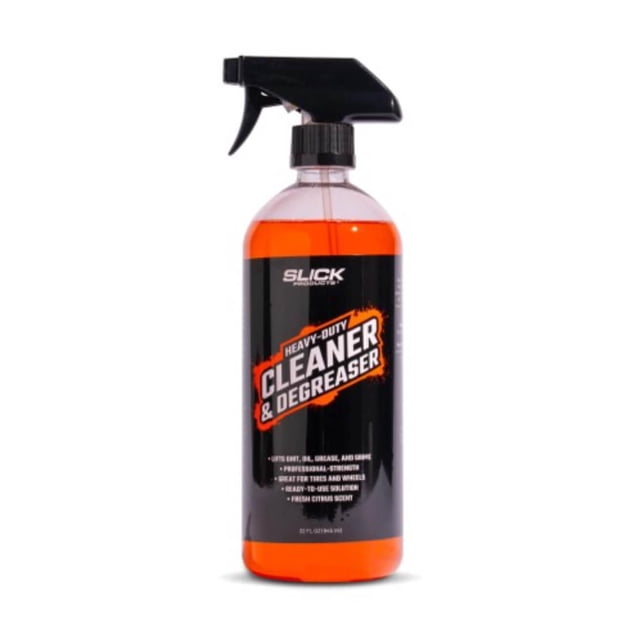 Slick Products Heavy-Duty Cleaner & Degreaser 32 oz spray bottle with bright orange liquid and black trigger sprayer, labeled for professional-strength cleaning to lift dirt, oil, grease, and grime from tires, wheels, and engine parts, with a fresh citrus scent.
